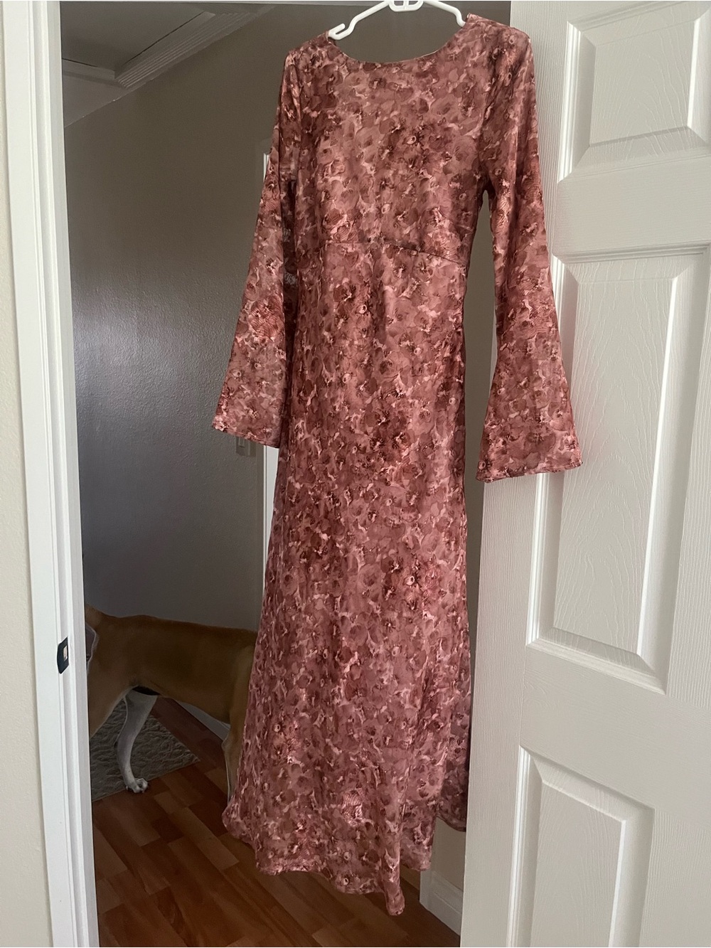 GORGEOUS mauvey purple pink brown elegant full length bell sleeve dress